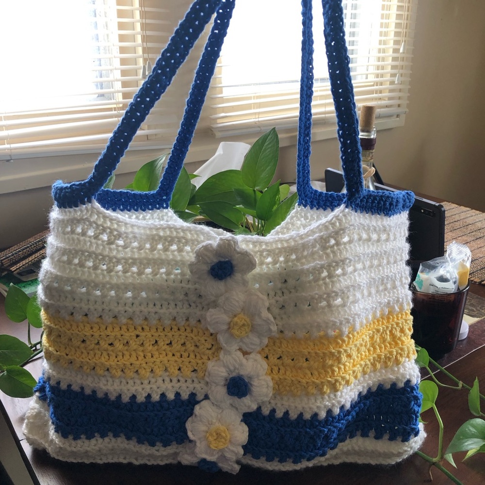 Handmade Blue and White Crochet Tote Bag